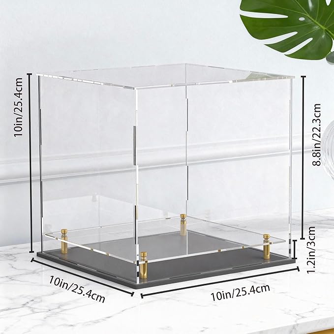 Acrylic Display Case for Collectibles, Dustproof Acrylic Box with Clear Display Elevation & Gold Risers, Large Display Case for Figures Toys Memorabilia, 10" L x 10" W x 10" H