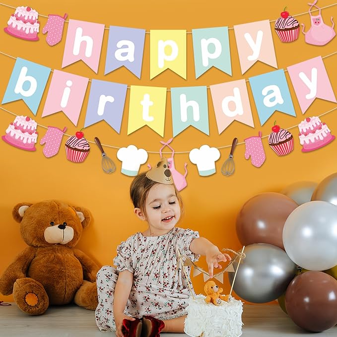 Zwiebeco Baking Happy Birthday Party Decoration Colorful Pink Banner Hanging Paper Garland Bunting Sign for Kids Girls Bake Themed Accessories Supplies