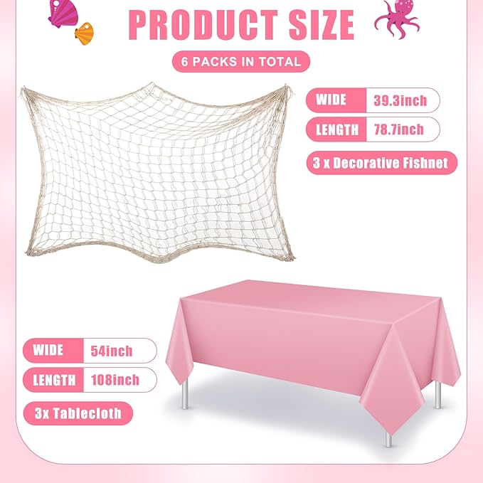 Unittype 6 Pack Fish Net Decorative and Tablecloth Set, Cotton Fishnet and Plastic Table Cover Decorations Set for Nautical Themed Party Baby Shower Pirate Decorations Mermaid Party Supply (Pink)