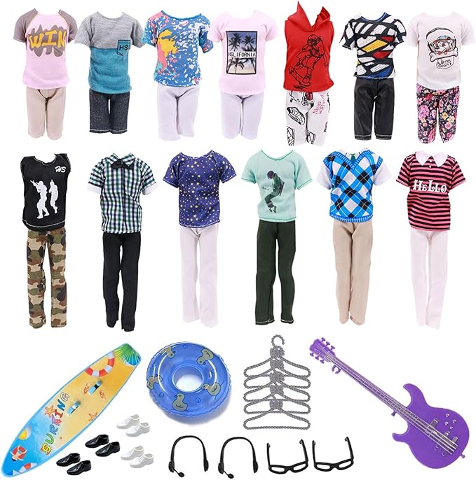 33 PCS Doll Clothes and Accessories Doll Including 5 Tops 5 Pants Casual Wear in Random 4 Pair of Shoes Hangers Glasses Earphone Guitar Surfboard Swimming Ring for 12 Inch Boy Doll