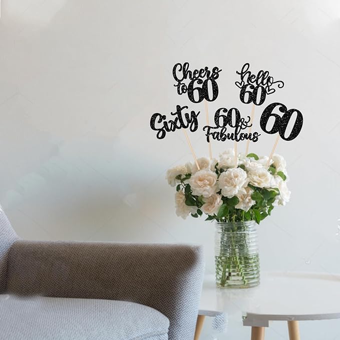 15PCS Happy 60th Birthday Centerpiece Sticks Hello 60 Cheers to 60 Birthday Table Flower Centerpieces Sticks Sixty 60 Fabulous Floral Decorations for 60th Birthday Party Centerpieces Supplies Black