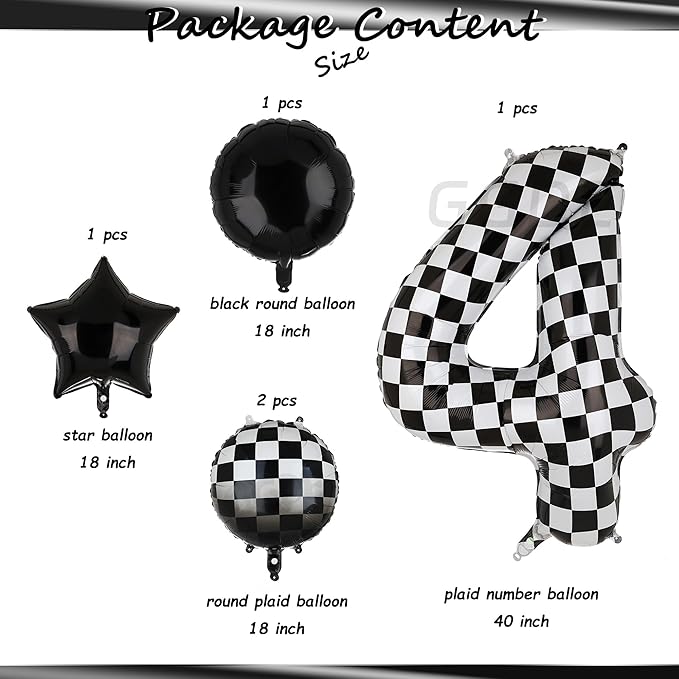 40 Inch Checkered Number Balloon 4 Black and White Race Car Birthday Balloons Baby Hippie Smile Party Shower Boys 4th Birthday Race Car Theme Party Decor Supplies 5 Pcs