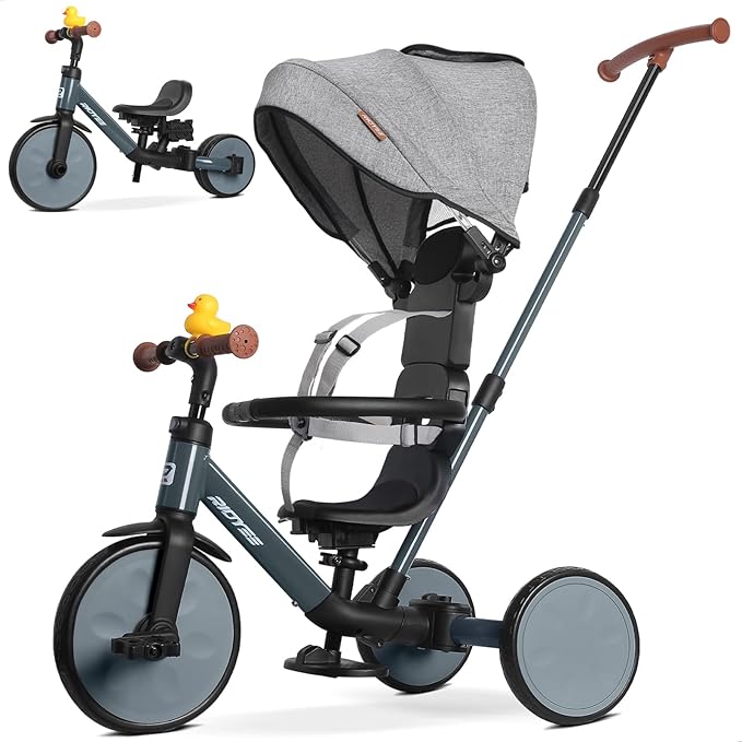 8-in-1 Tricycle for 1.5-5 Years, Tool-Free Switch, Toddler Tricycle with Parent Steering Control Handle for 1.5 to 5 Yrs, Toddler Trike 1.5-3 Years with 5-Point Harness and Large Canopy, Grey