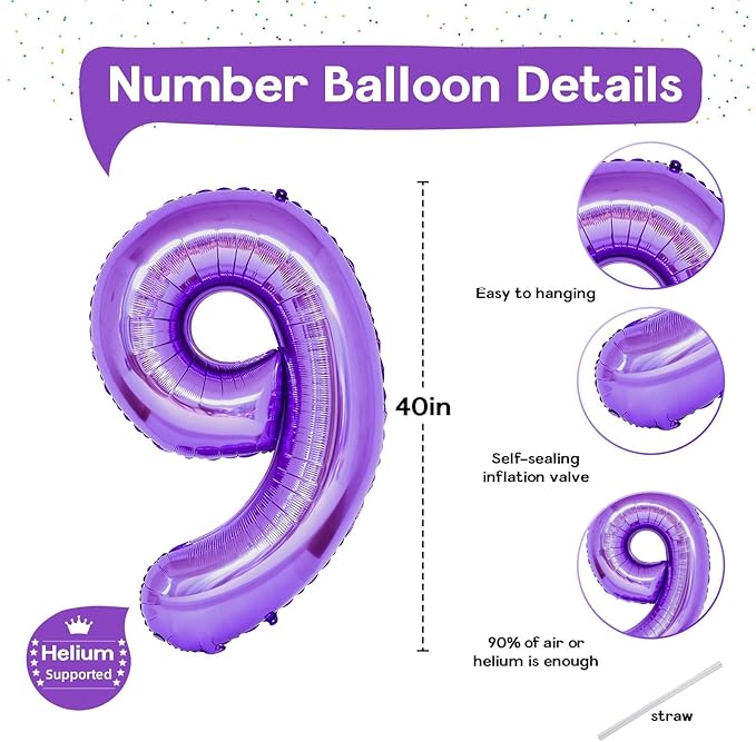 40 Inch Purple Number Balloons, Giant Self Inflating Foil 9 Years Old Birthday Number Balloon for Girls, 9 Balloon Mylar Helium for Kids 9th Birthday Party Decor Women Anniversary Decoration Supplies