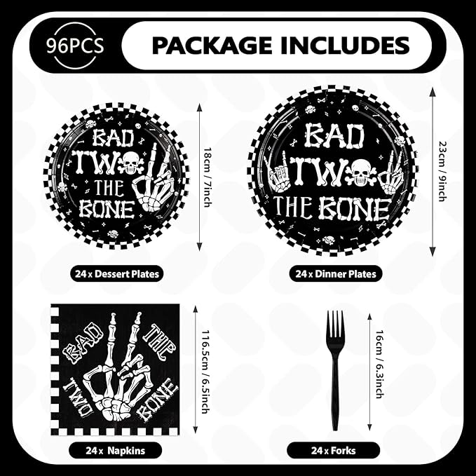 96Pcs Bad Two The Bone Party Supplies Black White Rock 2nd Birthday Plates and Napkins Tableware Bone Skull Second Birthday Party Decoration for Boy Skeleton Rock And Roll Music Theme Favors Serve 24