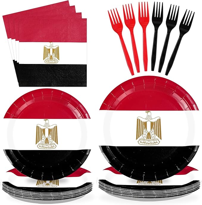 96Pcs Egypt Flag Party Supplies Egyptian Flag Plates and Napkins Red White Black Flags Tableware Set for Egyptian National Sports Events Patriotic Festival Birthday Party Supplies Serves 24