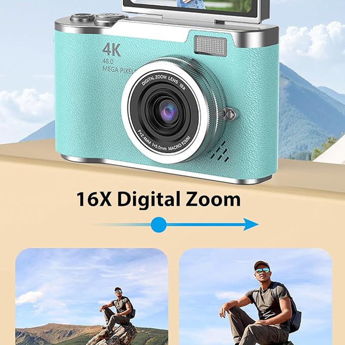 Denash Foldable Screen Kids and Beginners Camera,4K Digital Camera for Photography,48MP Digital Foldable Support 16X Zoom with Flip Scree (Green)