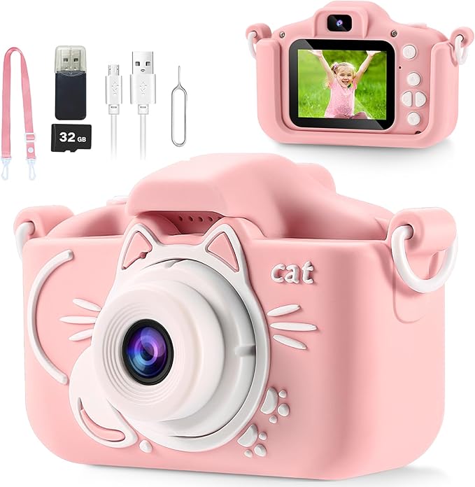 Kids Camera, 2 Lens Selfie Camera for Kids, HD Video Digital Camera for Girls, 3 4 5 6 7 8 9 Year Old Girl Christmas Birthday Gifts,Toddler Camera Toys with 32GB Card Pink