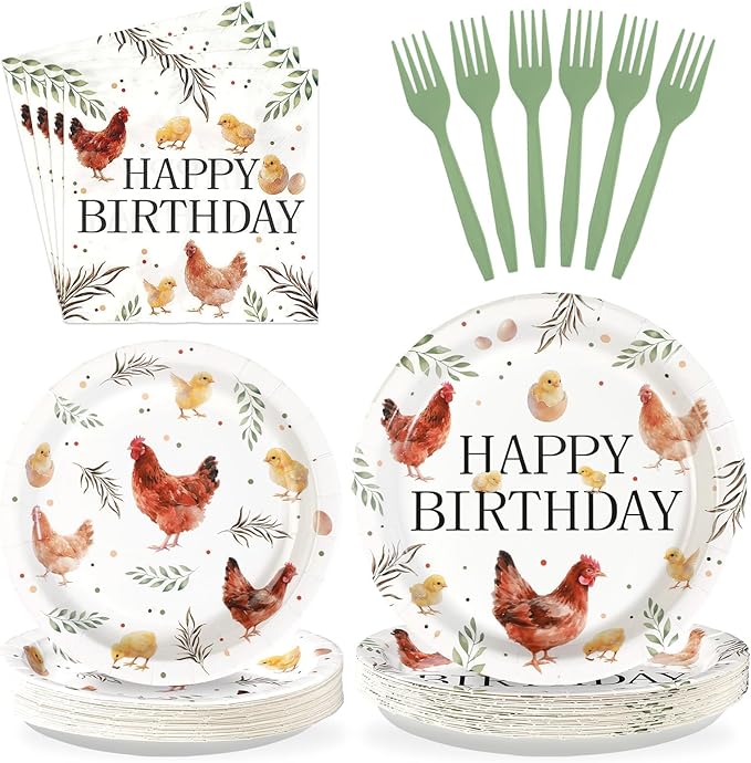 96Pcs Chicken Birthday Party Decorations Barnyard Farm Animal Paper Plates Disposable Watercolor Hen Chick Supplies Tableware for Birthday Baby Shower Chicken Themed Party Decorations Serves 24