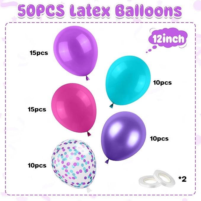 Hot Pink Blue Purple Balloons, 50PCS 12Inches Hot Pink Purple Teal Latex Balloon with Confetti Metallic Balloons for Girls Women Theme Birthday Baby Shower Wedding Party Decoration