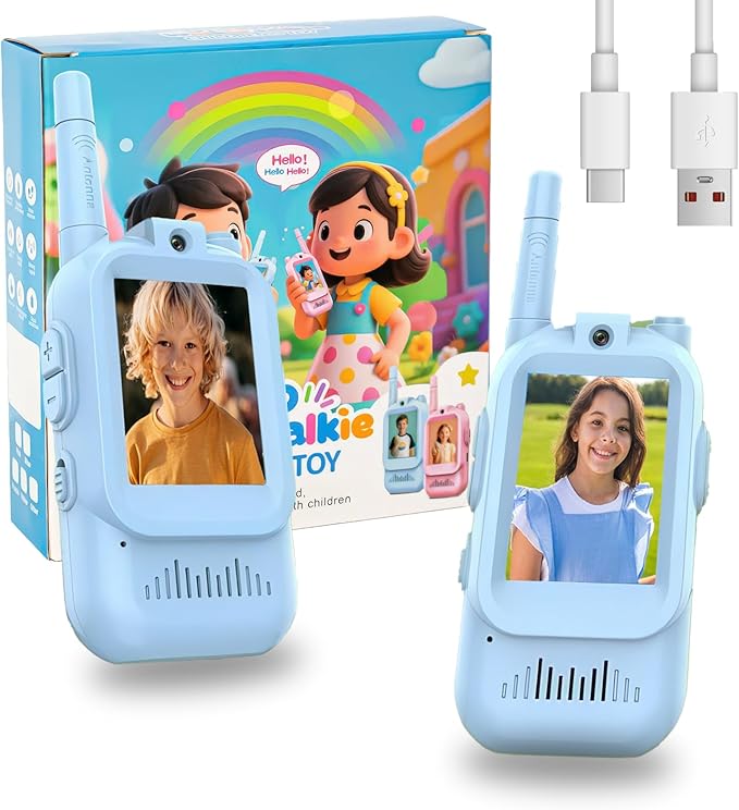 Video Walkie Talkies for Kids - 2 Pack with Real-Time Video & Voice Chat, Fun Voice Changer & Video Effects, Rechargeable, Long Range (500ft), Ideal for Indoor & Outdoor Play(Ages 3-12) (2 Blue)