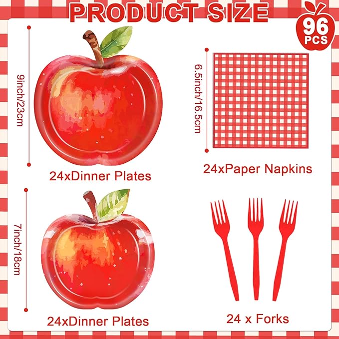96Pcs Watercolor Apple Paper Plates Apple Birthday Party Supplies Red Gingham Napkins and Forks Fruit Themed Disposable Dinnerware for Back to School Classroom Kindergarten Home Party Serves 24