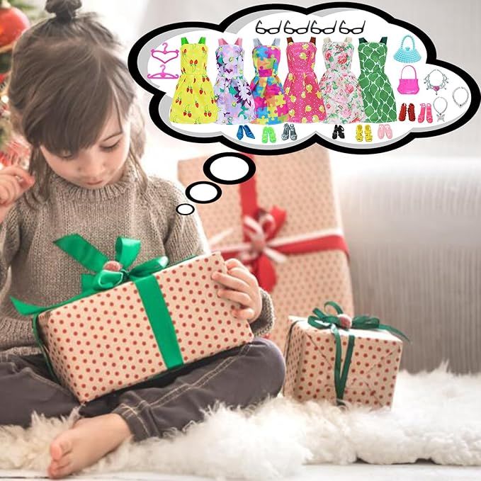 BJDBUS 42 pcs Doll Clothes and Accessories Including 10 pcs Fashion Mini Dresses 32 pcs Shoes, Glasses, Necklaces, Handbag, Hangers Accessories for 11.5 Inch Girl Doll