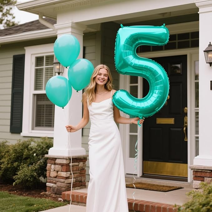 40 Inch Teal Blue Balloon Number 5 Balloon Jumbo Mylar Foil Helium Balloon for 15 25 35 50 Big Giant Jumbo Huge Foil Mylar Balloons 55th 65th Birthday Balloons Men Women Party Decorations