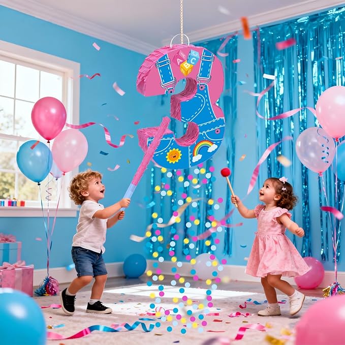 Pink Party Decorations,15.7‘’ Pink Number 3 Pinata with Stick Blindfold Confetti for Girls Boys 3rd Anniversary Party Decorations & Supplies (3rd)