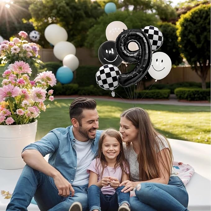 100% LIKED-One Happy Dude Balloon Set, 40” Black Number|Black & White Smiley Face Latex |Checkered Foil for One Happy Dude Birthday Decorations, Baby Shower, 9th Birthday Party Supplies (Black9th)