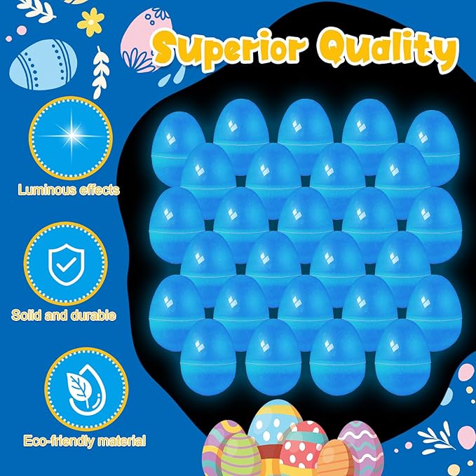 ShinyRelief 36 Pcs Glow in the Dark Easter Eggs 2.4 Inch Plastic Fillable Eggs Bulk,easter Basket Stuffers Gifts Party Favors Decorations Supplies(Blue)