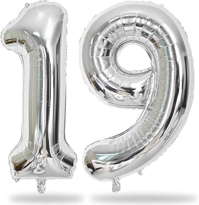 19th Birthday Balloon for Girls Boys, 40 Inch Silver Number 1 & 9 Mylar Balloons Self Inflating, Big Foil Helium Number 19 Balloons for Men Birthday Decor Women Anniversary Party Decorations Supplies