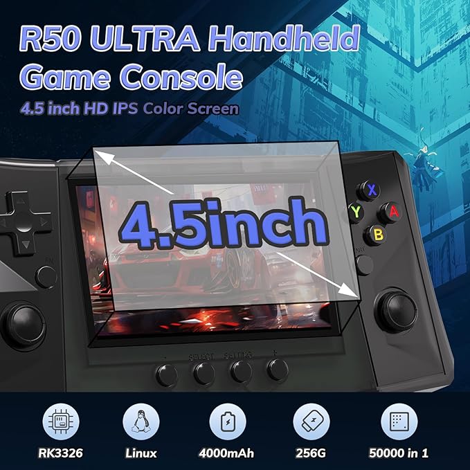 RegiisJoy R50 Ultra 50000 in 1 Handheld Game Console, 4.5 Inch IPS Screen Retro Gaming Consoles Main Emulators, Portable Mini Pocket Arcade 4000mAh Battery,256G TF Card,Linux System