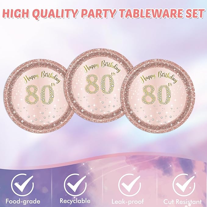 41PCS 80th Birthday Decoration for Women Rose Gold 80 Years Birthday Paper Plates and Napkins Set 80th Birthday Tablecloth for 1946 Decor Cheers to 80 Years Old Birthday Party Favors