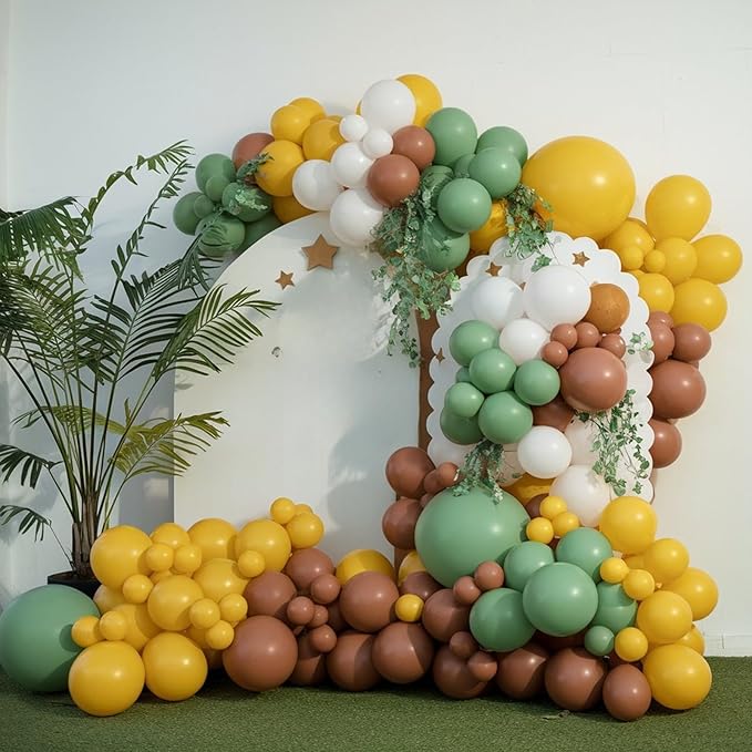 Sage Green Brown Balloons, 50Pcs 12 Inches Mustard Yellow Sand White Cartoon Balloons for Kids Boy Birthday Woodland Forest Party Decorations Baby Shower Cartoon Themed Party Supplies