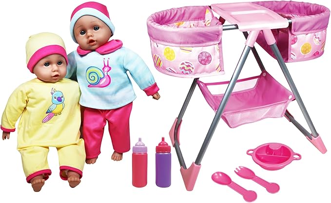 Lissi: Twin Highchair & Baby Dolls Set - Pink & Yellow - Includes 2 14" Dolls & Outfits, Feeding Accessories, Double Seat Highchair, Kids Ages 2+