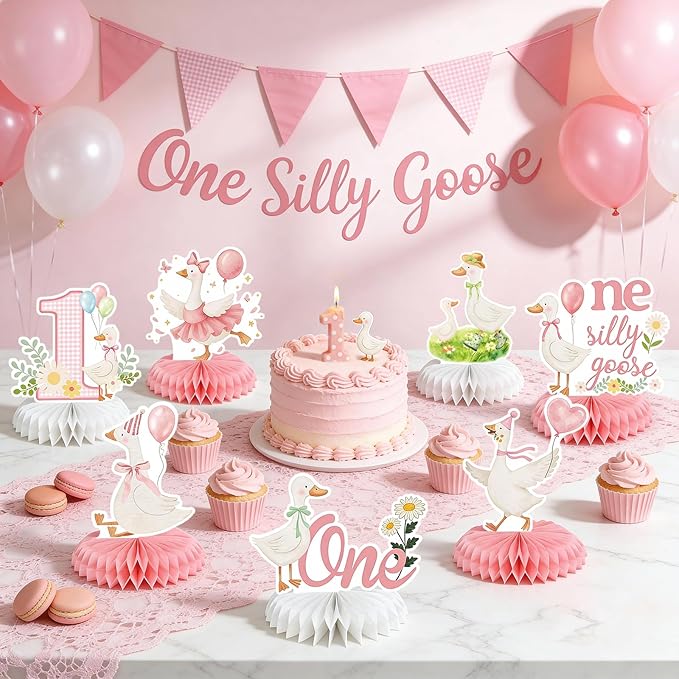 9Pcs One Silly Goose Birthday Decoration Girls Pink White Silly Goose Birthday Honeycomb Centerpieces Silly Goose Theme Party Decor for 1st Birthday Baby Shower Party Supplies Gender Reveal