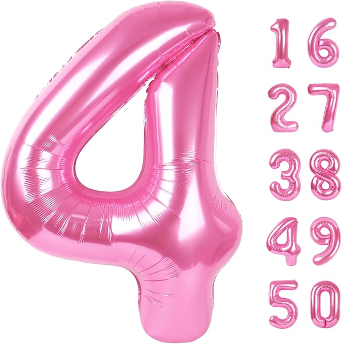 Pink Number 4 Balloon 40 Inch, Big Large Foil Helium Number Balloons,Jumbo Giant Mylar Self Inflating Number 0 Balloons for Birthday Party Decorations Supplies