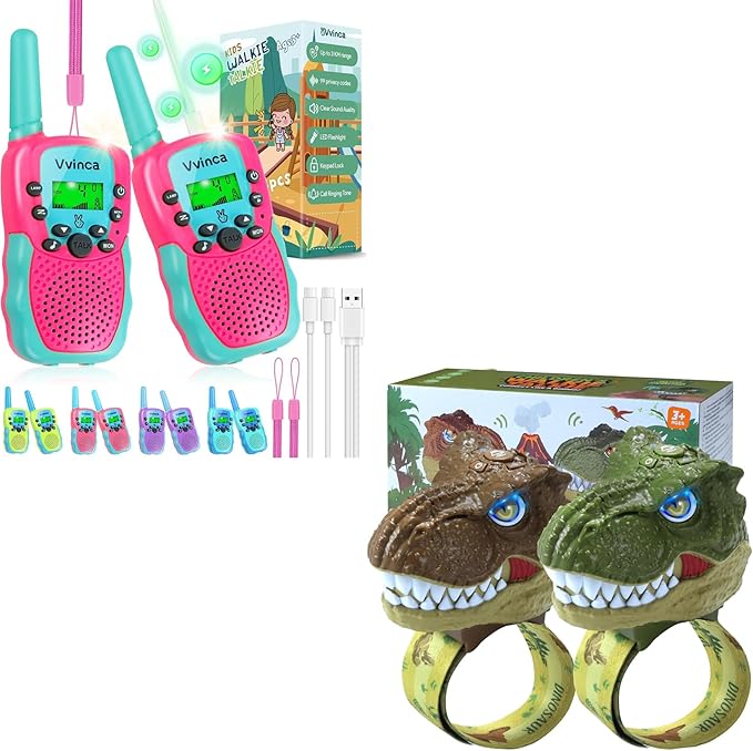 Vvinca Walkie Talkies for Kids 4 Pack - Toys for Boys Girls Age 3-12， Including Dinosaur Walkie Talkies 2 Pack, Rechargeable Walkie Talkie 2 Pack, Kids Toys for Christmas、Birthday Gifts for Toddlers
