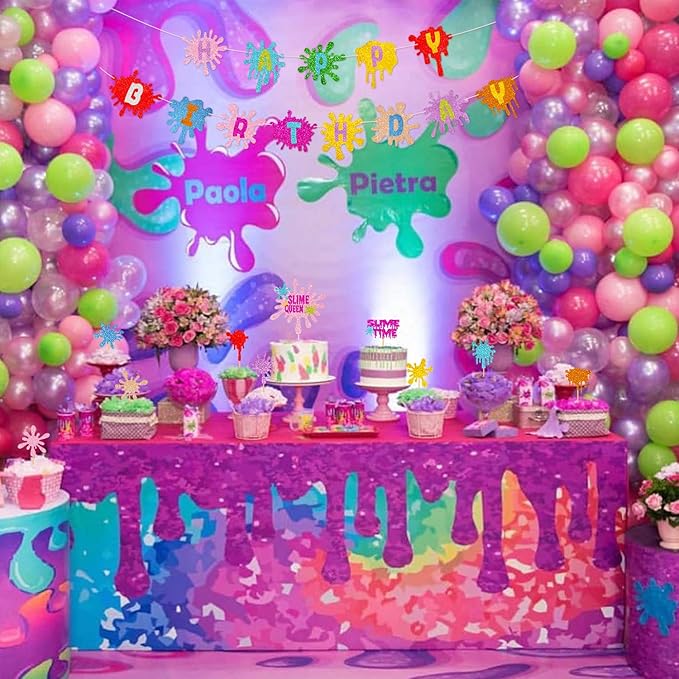 Slime Birthday Party Decorations Kit - Slime Queen Cake Topper Birthday Banner Cupcake Toppers Colorful Balloons for Kids Slime Party Baby Shower Party Supplies