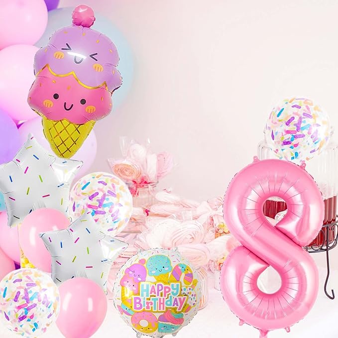 Pink Ice Cream Balloons, Number 8 Balloon, 8th Birthday Decorations for Girls, Ice Cream Balloon for Girls Birthday Party Decoration (8)