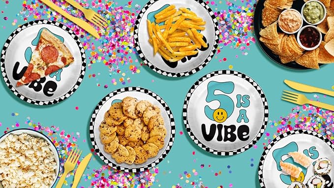Five is a Vibe Smiley Face Fifth Birthday - 32 Piece Disposable Party Supplies - Decorations for Boy's 5th Birthday Round Party Plates - Large 9" Paper Plates In Bulk