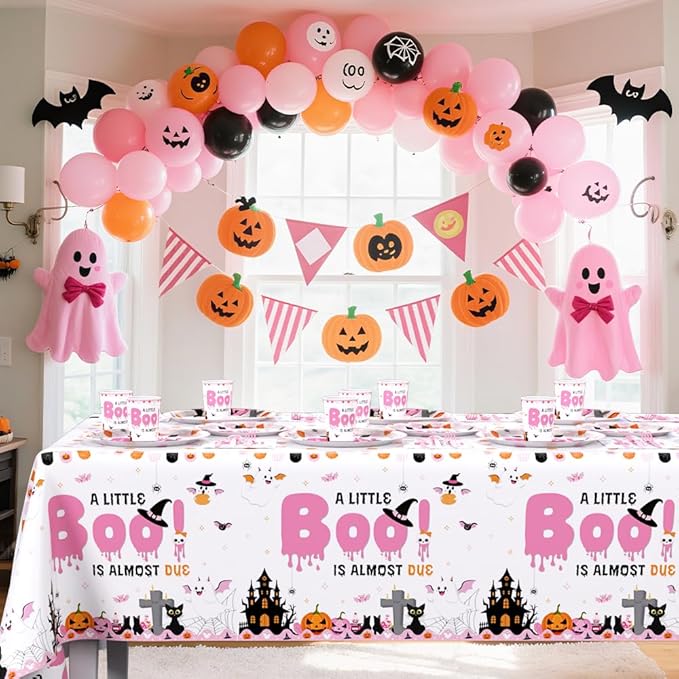 194Pcs Halloween Baby Shower Decorations for Girl A Little Boo is Almost Due Baby Shower Party Plates, Cup, Napkin, Tablecloth, Tableware, Halloween Themed Party Supplies Plates Serve 24 Guests