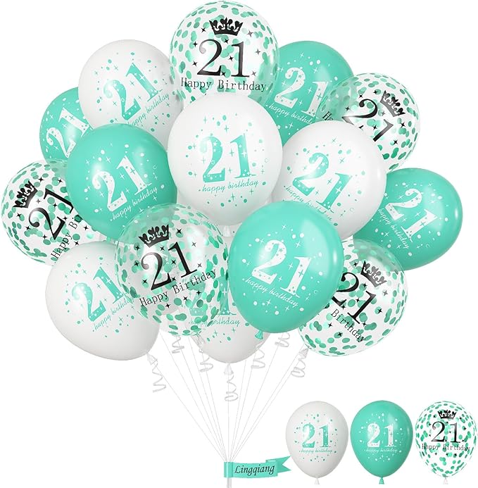 21st Birthday Balloons & Decorations - Teal, White & Turquoise Latex Balloons for Boys & Girls, Confetti, Party Supplies