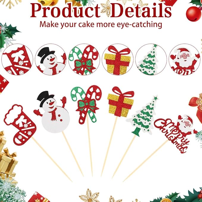 Christmas Cupcake Toppers Cake Decorations, 24 PCS Merry Christmas Cake Topper, Glitter Santa Clus Snowman Xmas Tree Decorative Cupcakes Ficks Food Picks for Xmas Holiday Party Decoration Supplies