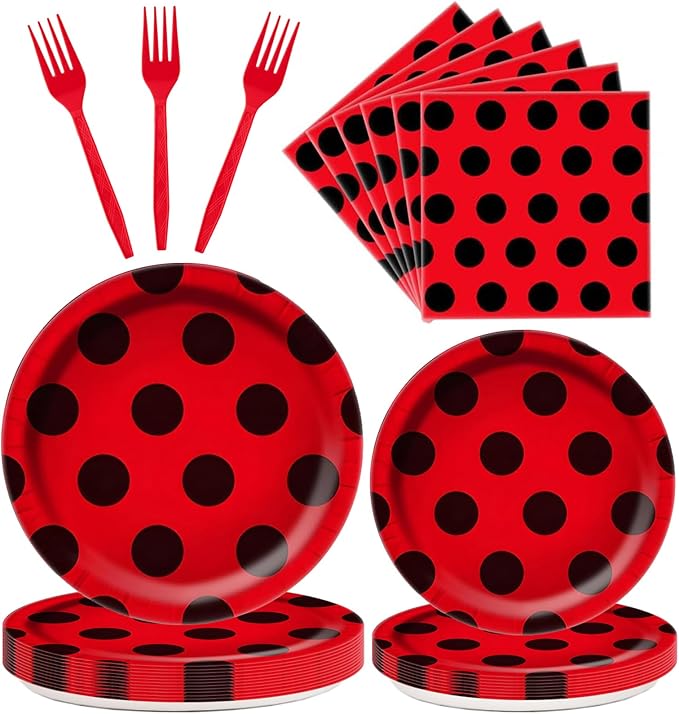 96Pcs Ladybug Plates and Napkins Party Supplies, LadybugThemed Tableware Set, Cute Disposable Dinnerware for Birthday Dessert Tea Party Decoration, 24 Guests