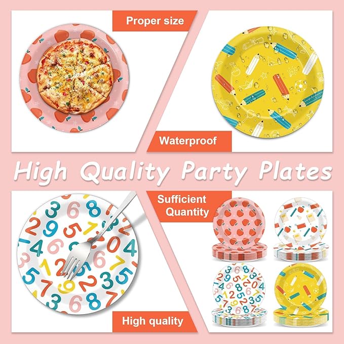 CHUNNIN 48Pcs Back to School Party Paper Plates for School Season Party Supplies 7" First and Last Day of School Disposable Plates Apple Pencils Tableware Birthday Decorations