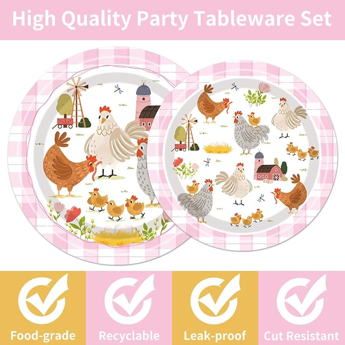 96Pcs Chicken Birthday Party Decorations Supplies – Farm Animal Barnyard Hen Chick Tableware Set, Plates Napkins Forks for Baby Shower Chicken Themed Party Dinnerware, Serves 24