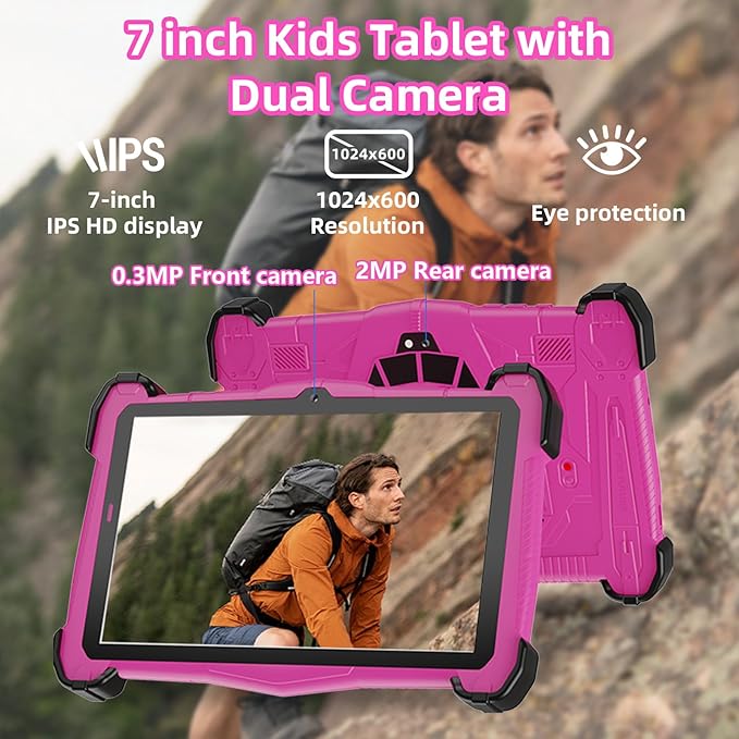 Kids Tablet 7 inch Android 15, Tablet for Kids with 10GB RAM 64GB ROM Bluetooth IPS Screen Parental Control Dual Camera Shockproof Case for Educational Games (Pink)