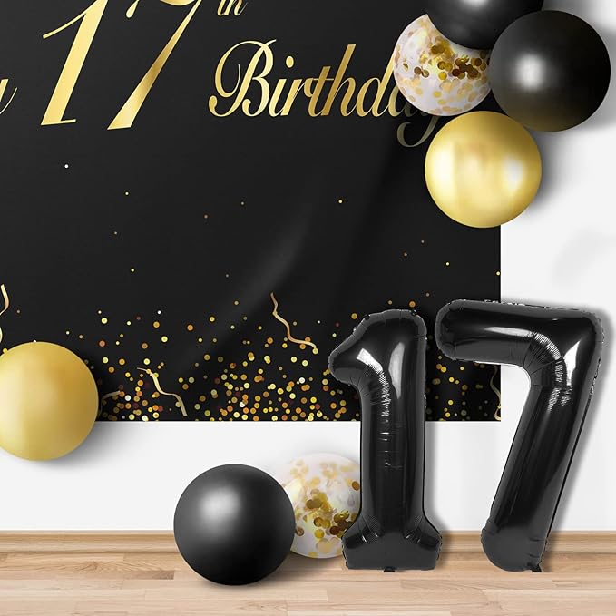 Happy 17th Birthday Balloons Black Set Decor - Cheers to 17 Years Old Party Theme Garland Banner Backdrop Decorations For Boy and Girl Supplies