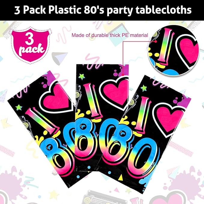 Tegeme 3 Pack 80s Plastic Party Tablecloth 80's Party Table Cover 80s Birthday Supplies The 80's Hip Hop Decoration Throwback Birthday Decoration for Dining Room, 54 x 108''
