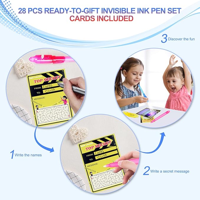 D&N Lifestyle Invisible Ink Pens for Kids, 28 Pack UV Secret Message Pens with Light & Activity Cards – Valentine Classroom Exchange, Party Favors, Easter Basket Stuffers