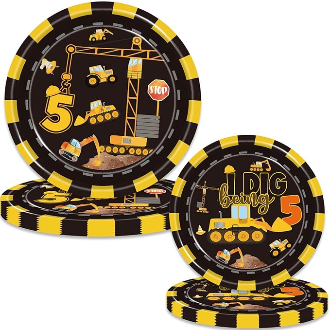 80 Pcs Construction 5th Birthday Party Supplies Dump Truck Theme Five Decorations Tableware Includes Plates, Napkins, Forks for Boys Construction Five Years Old Birthday Party Decorations Favors