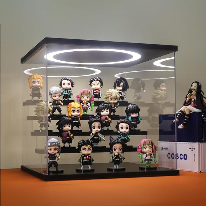 Acrylic Display Case with Adjustable LED Light, 5 Tier Clear Display Box Dustproof Showcase for Action Figures, Collectibles and Mini Toys, Assembly Display Cabinet(Black 12.5×12.2×11.8in)