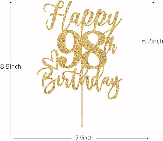 Happy 98th Birthday Cake Topper, 98th Birthday Decorations for Men/Women, Cheers to 98 Years, 98 Fabulous, 98th Happy Birthday Party Supplies Gold Glitter