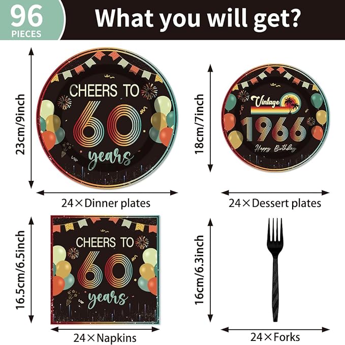 96Pcs Vintage 60th Birthday Decorations Tableware Set Back in 1966 Paper Plates Napkins Forks Cheers to 60 Years Disposable Tableware Decor for Women Men 60th Birthday Party Favor Serve 24 Guests