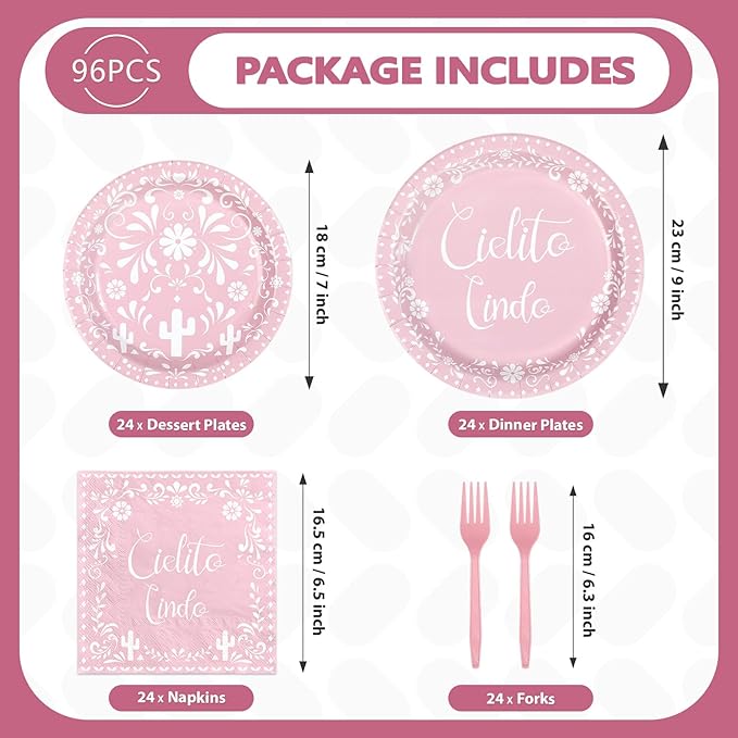 96Pcs Pink Cielito Lindo Party Decorations Mexican Fiesta Baby Shower Plates and Napkins Set Mexico Talavera Decorations for Girls Cinco De Mayo Baby Shower Birthday Party Supplies Serves 24