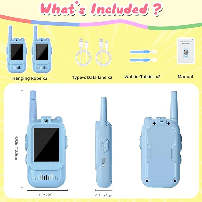 Video Walkie Talkies for Kids 2 PCS, Long Range Kids Walkie Talkies, Rechargeable Video Call Toys for Indoor Camping Hiking Travel, Christmas Birthday Boys Girls Age 3-5 (Blue)