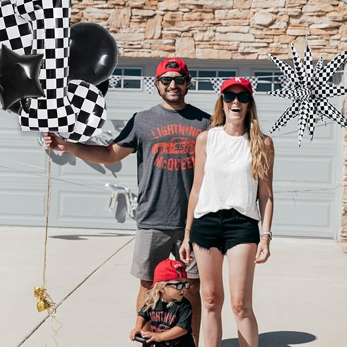 TONIFUL 40 Inch Checkered 1st Birthday Balloons Set Number 1 Race Car Black White Round Explosion Star Boys Race Car Balloons Themed Birthday Party Decoraction