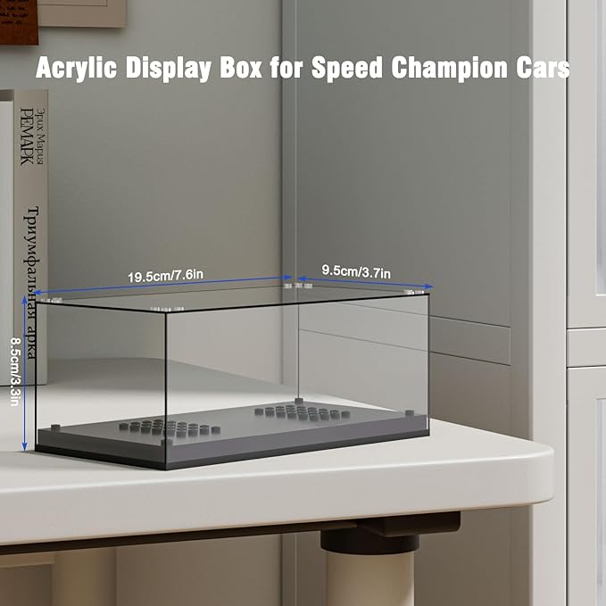 Model Car Display Case, Acrylic Showcase for Speed Champion, Parking Garage Compatible Toy Models Blocks, Dustproof with Light (7.6 x 3.7 x 3.3 Inches, Case Only)